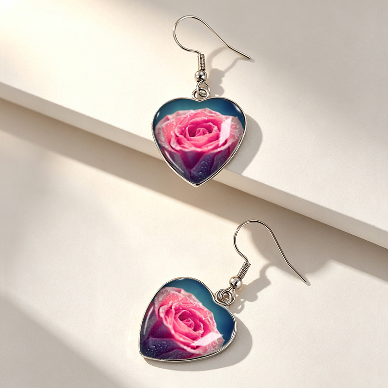 4 Pairs Pink Rose Illustration Heart-Shaped Hook Pendant Earrings